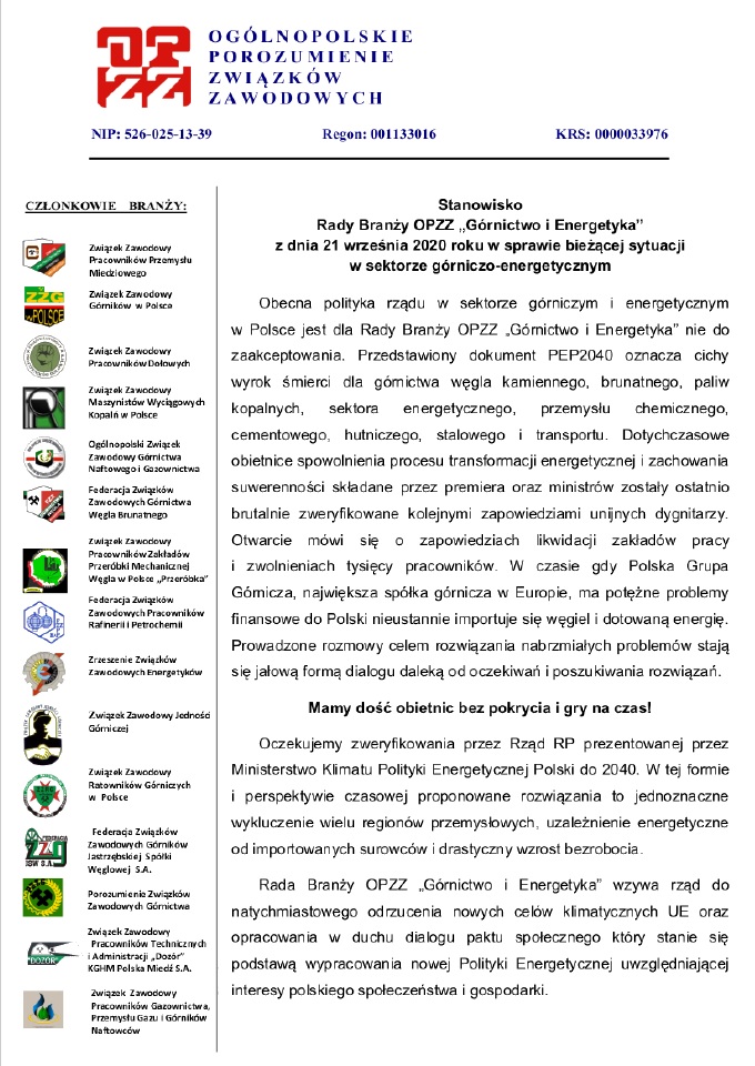 Stanowisko Rady Branży OPZZ „Górnictwo i Energetyka” w sprawie bieżącej sytuacji w sektorze górniczo-energetycznym.