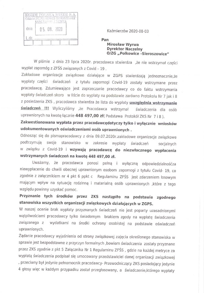 Pismo do Dyrektora Naczelnego O/ZG Polkowice-Sieroszowice dotyczące zapomogi z ZFŚS związanych z COVID-19