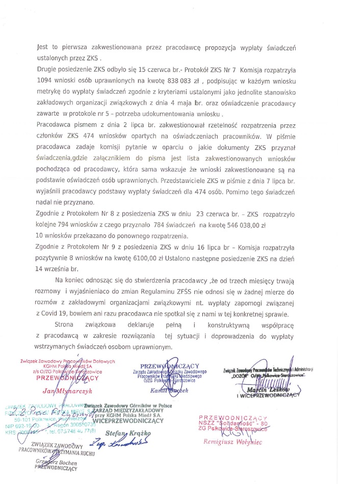 Zdjęcie 3 - Pismo do Dyrektora Naczelnego O/ZG Polkowice-Sieroszowice dotyczące zapomogi z ZFŚS związanych z COVID-19