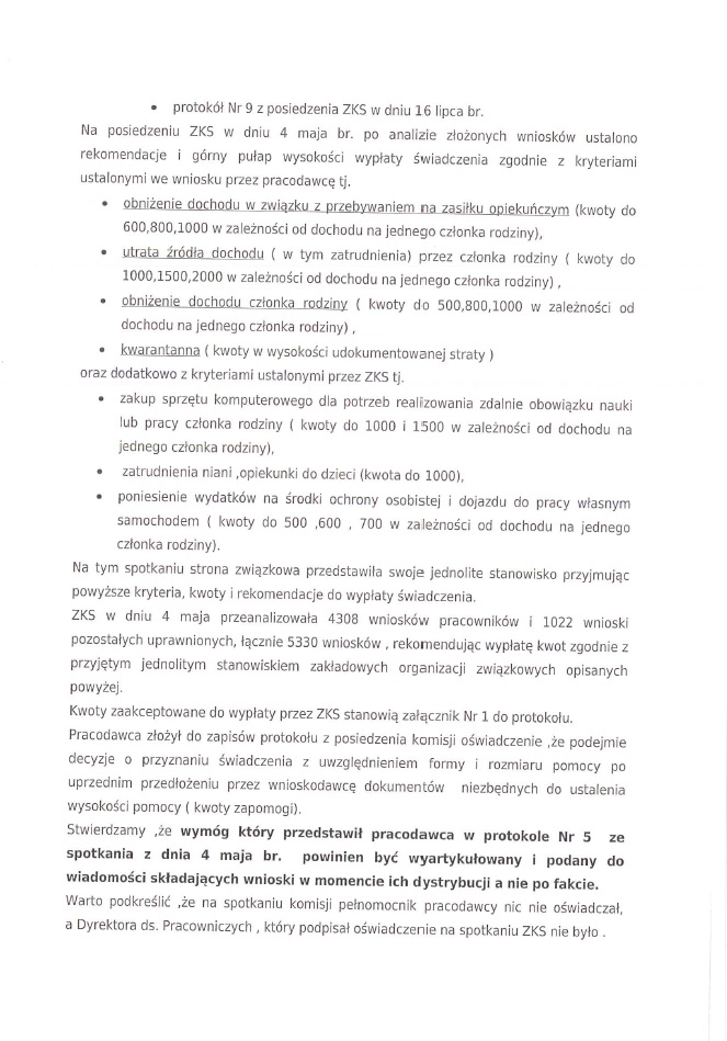 Zdjęcie 5 - Pismo do Dyrektora Naczelnego O/ZG Polkowice-Sieroszowice dotyczące zapomogi z ZFŚS związanych z COVID-19