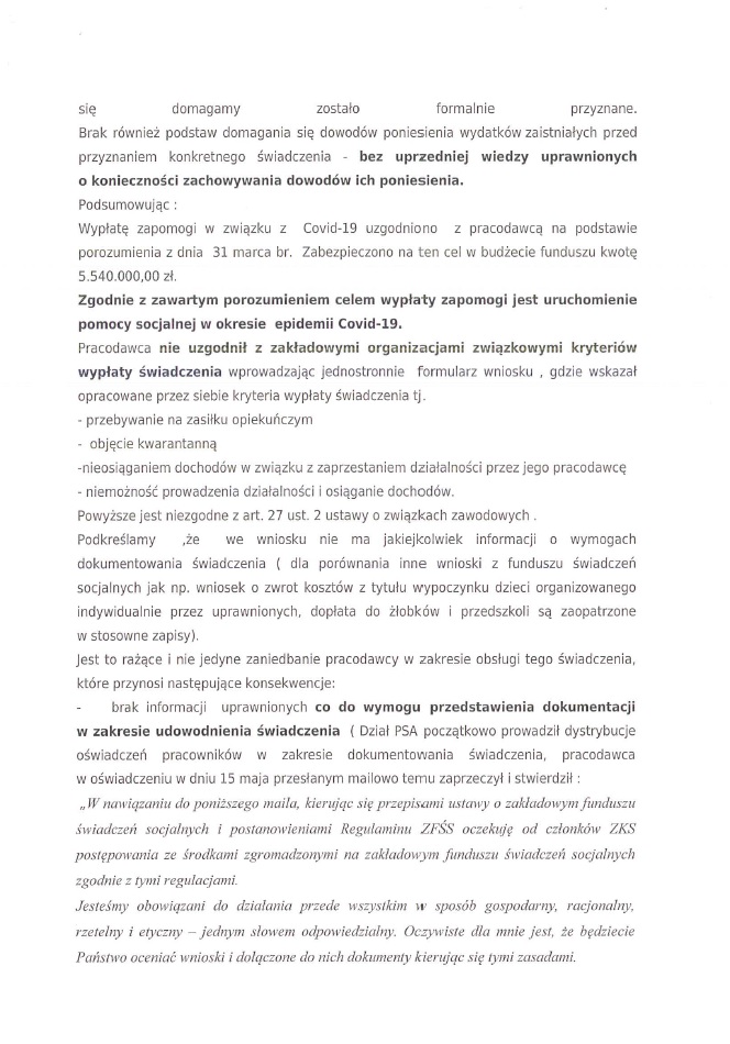 Zdjęcie 4 - Pismo do Dyrektora Naczelnego O/ZG Polkowice-Sieroszowice dotyczące zapomogi z ZFŚS związanych z COVID-19