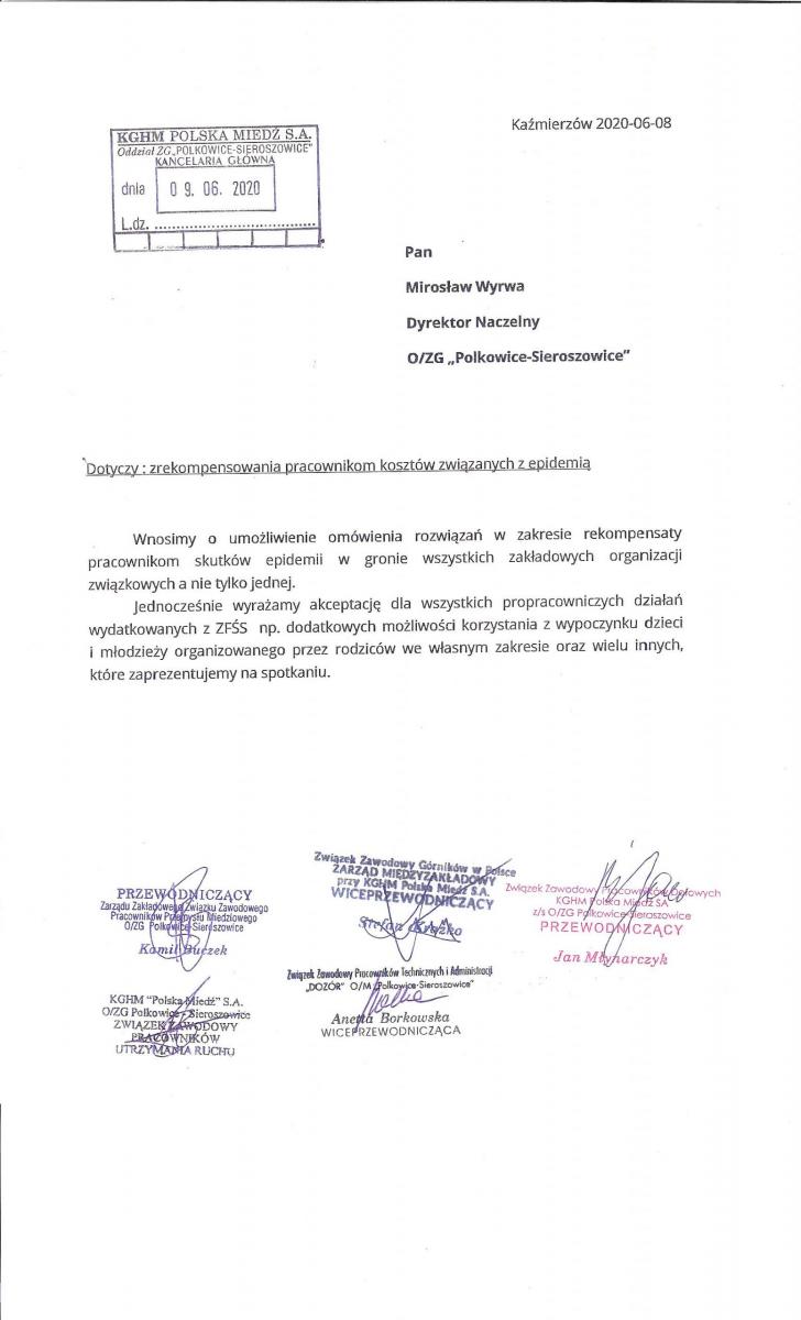 Propozycja spotkania związków zawodowych ZGPS z DN w sprawie działań propracowniczych w związku z Covid-19