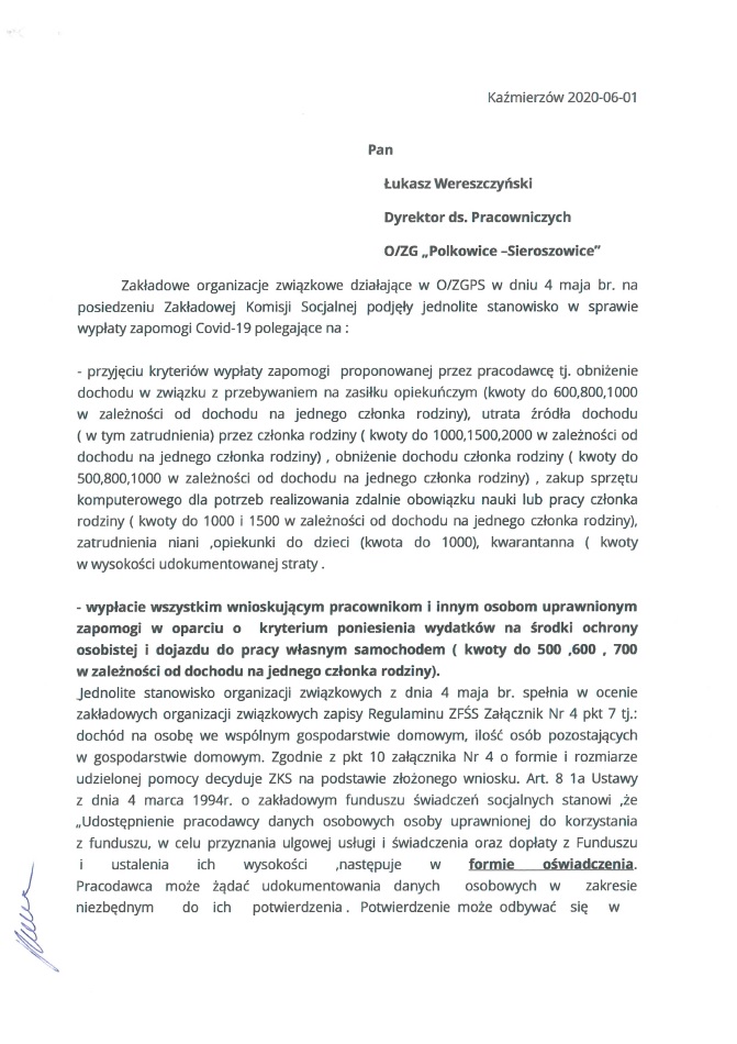 Stanowisko związków domagających się wypłaty zapomogi Covid-19 pracownikom O/ZG Polkowice-Sieroszowice
