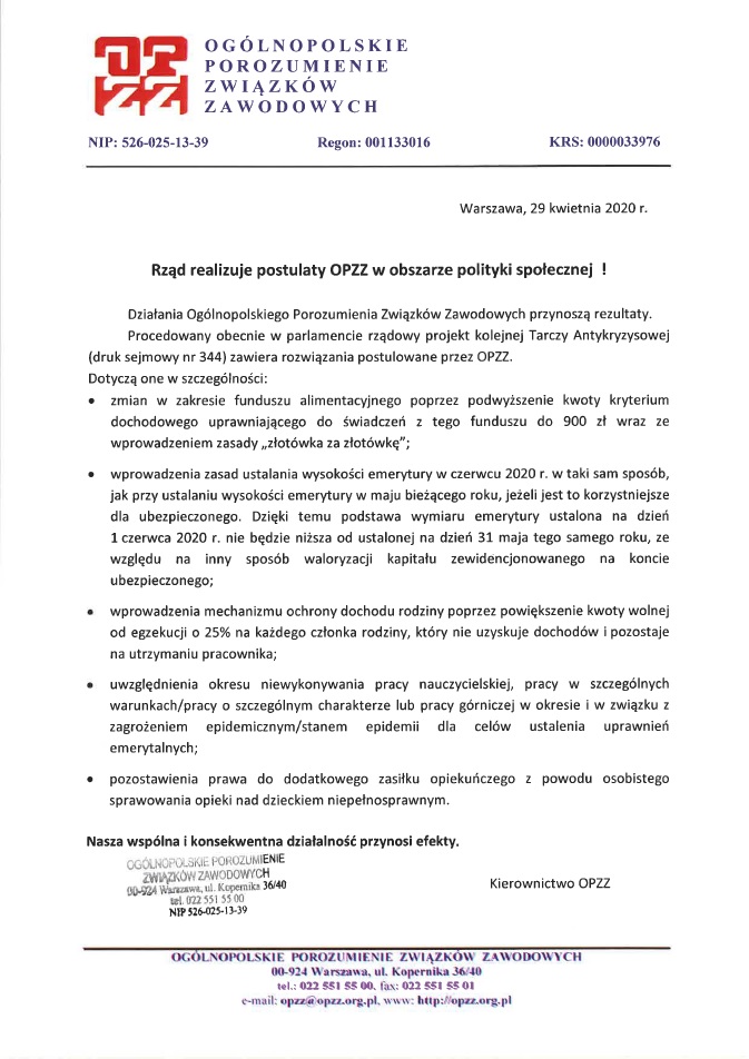 Realizacja przez rząd postulatów OPZZ w zakresie polityki społecznej