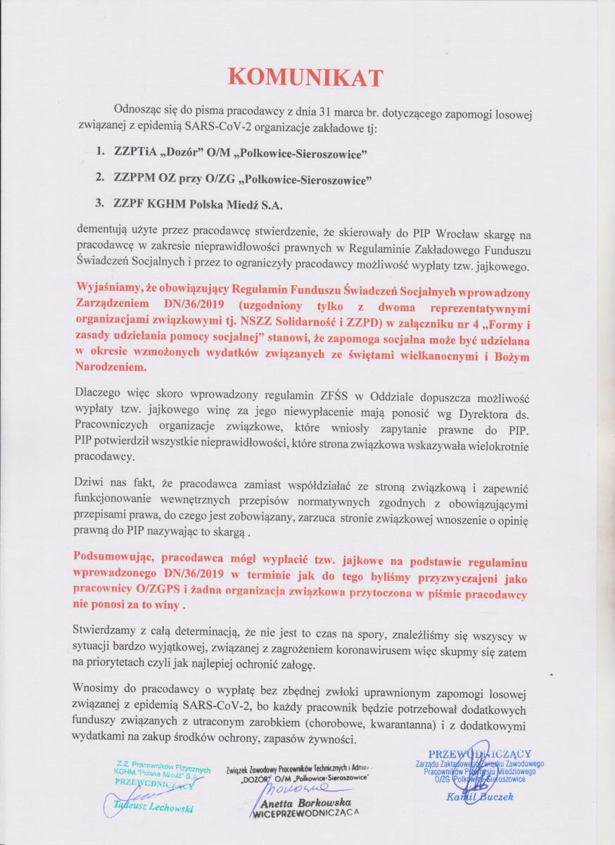 Odpowiedź na pismo pracodawcy z dnia 31.03.2020 r. dotyczące zapomogi losowej związanej z epidemią SARS-COV-S2
