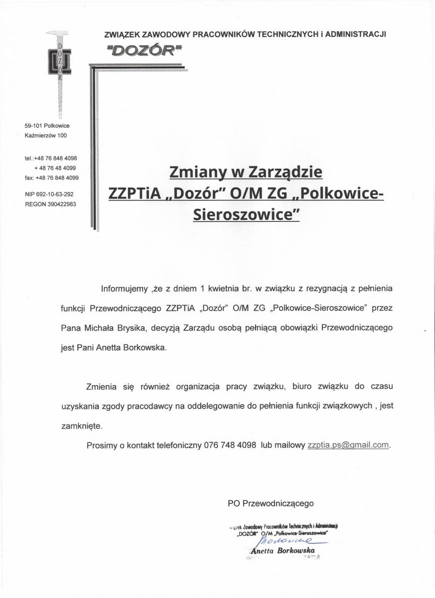 Zmiany w Zarządzie ZZPTiA „Dozór” O/M ZG”Polkowice-Sieroszowice”