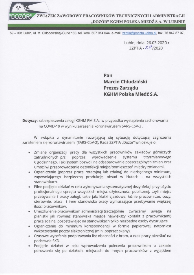 Pismo do Prezesa Zarządu KGHM Polska Miedź S.A. ws. zabezpieczenia załogi w przypadku wystąpienia zachorowania na COVID-19 w wyniku zarażenia koronawirusem SARS-CoV-2