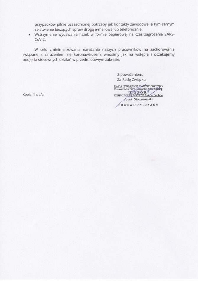 Zdjęcie 1 - Pismo do Prezesa Zarządu KGHM Polska Miedź S.A. ws. zabezpieczenia załogi w przypadku wystąpienia zachorowania na COVID-19 w wyniku zarażenia koronawirusem SARS-CoV-2
