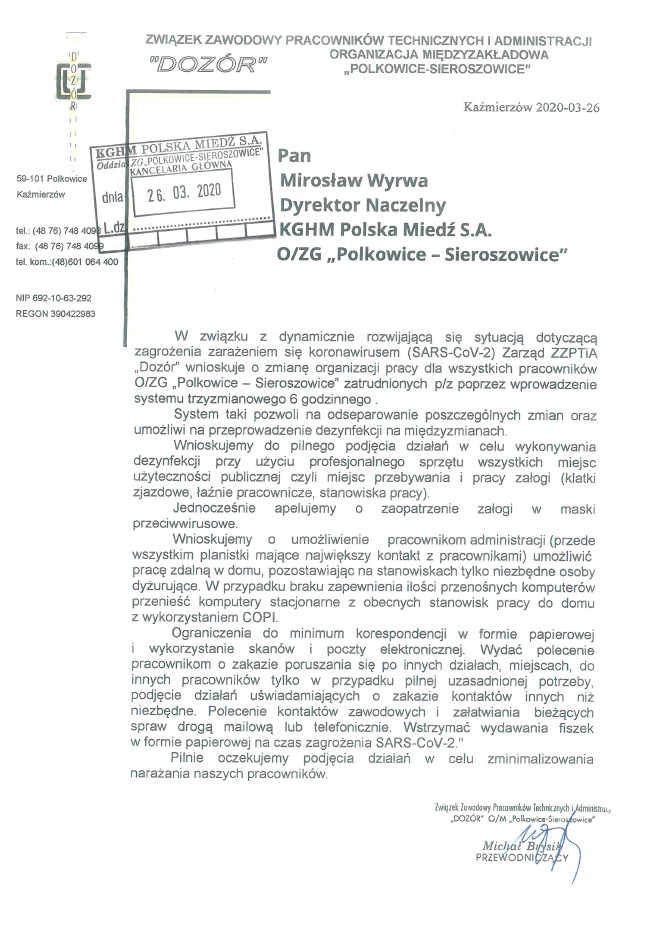 Pismo do Dyrektora ws. zmiany organizacji pracy w O/ZG Polkowice-Sieroszowice