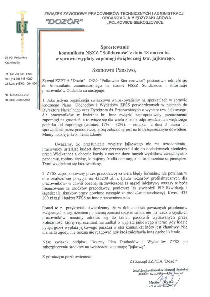 Sprostowanie komunikatu NSZZ „Solidarność” z dnia 18.03.2020 roku