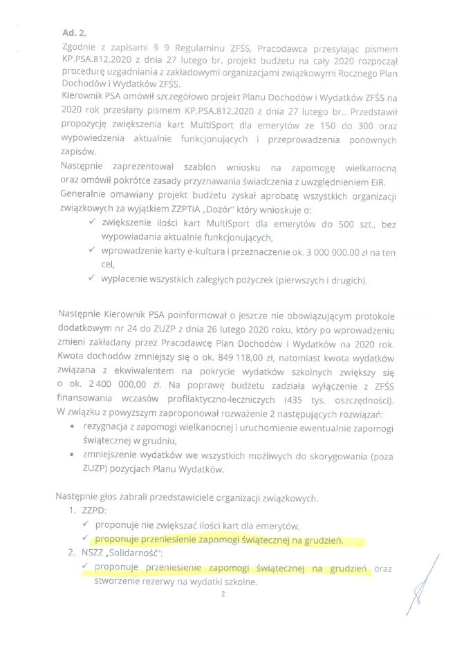 Zdjęcie 3 - Notatka ws. propozycji Planu Dochodów i Wydatków ZFŚS na 2020 rok w ZG Polkowice-Sieroszowice.