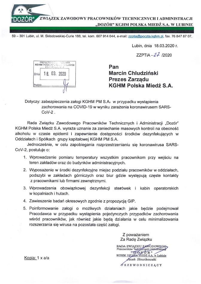 Pismo do Prezesa Zarządu KGHM Polska Miedź S.A. ws. zabezpieczenia załogi w przypadku wystąpienia zachorowania na COVID-19 w wyniku zarażenia koronawirusem SARS-CoV-2