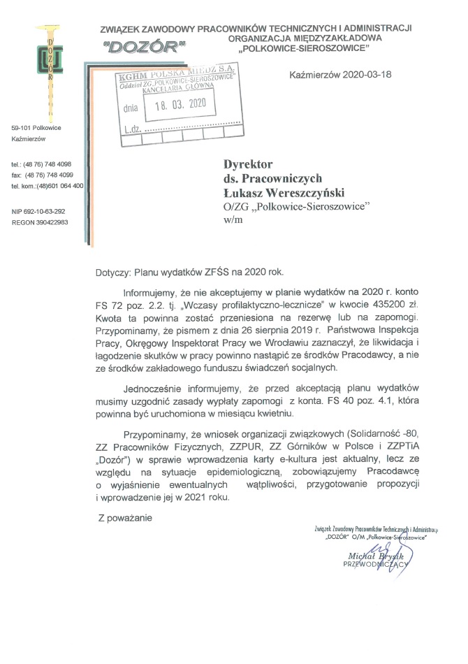 Pismo do Dyrektora ds. Pracowniczych ws. planu wydatków ZFŚS na 2020 rok