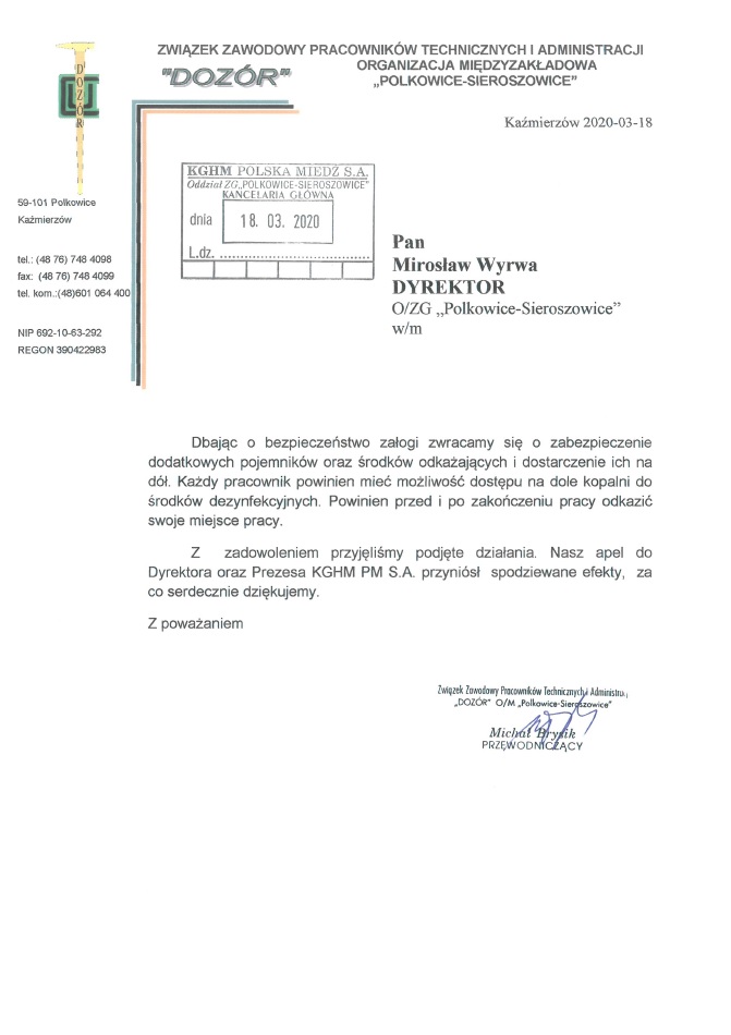 Pismo do Dyrektora Naczelnego ws. zabezpieczenia dodatkowych pojemników oraz środków odkażających na dole Kopalni.