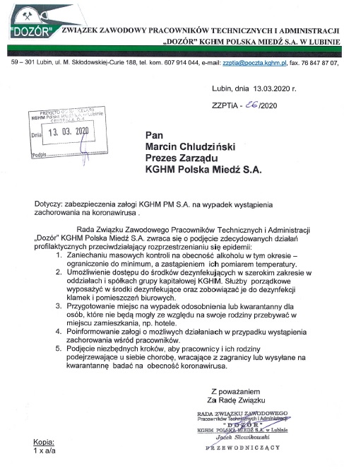Pismo do Prezesa Zarządu