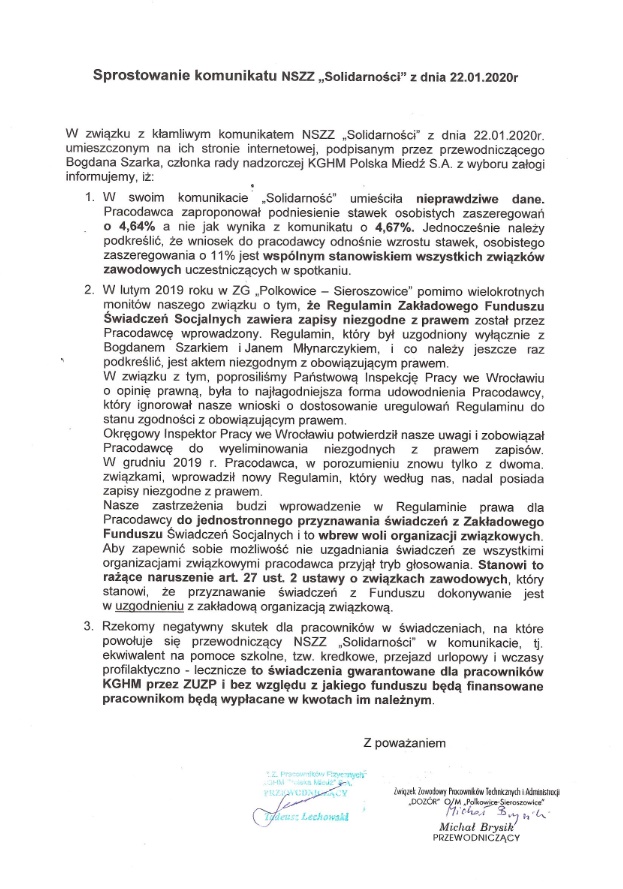 Sprostowanie komunikatu NSZZ „Solidarność” z dnia 22.01.2020 r.