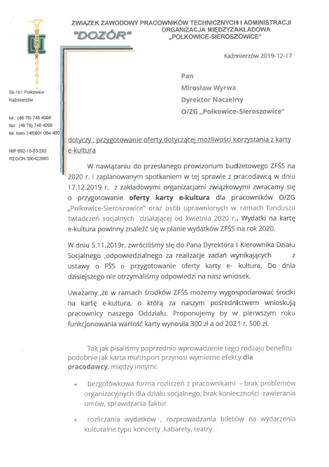 Pismo do Dyrektora Naczelnego ws. przygotowania oferty dotyczącej możliwości korzystania z karty e-kultura