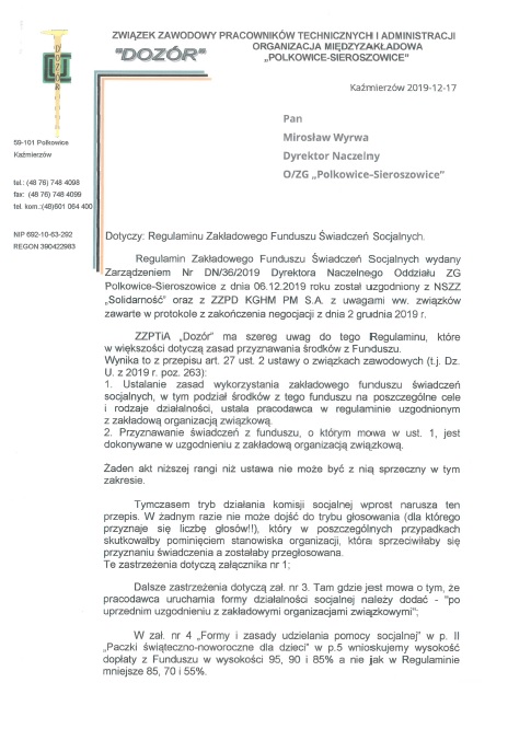 Pismo do Dyrektora Naczelnego dotyczące Regulaminu Zakładowego Funduszu Świadczeń Socjalnych