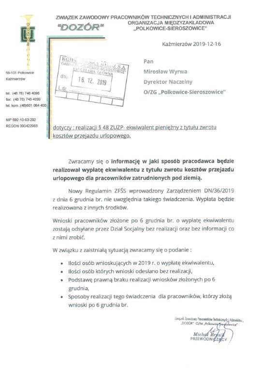 Pismo do Dyrektora Naczelnego w sprawie ekwiwalentu pieniężnego z tytułu zwrotu kosztów przejazdu urlopowego